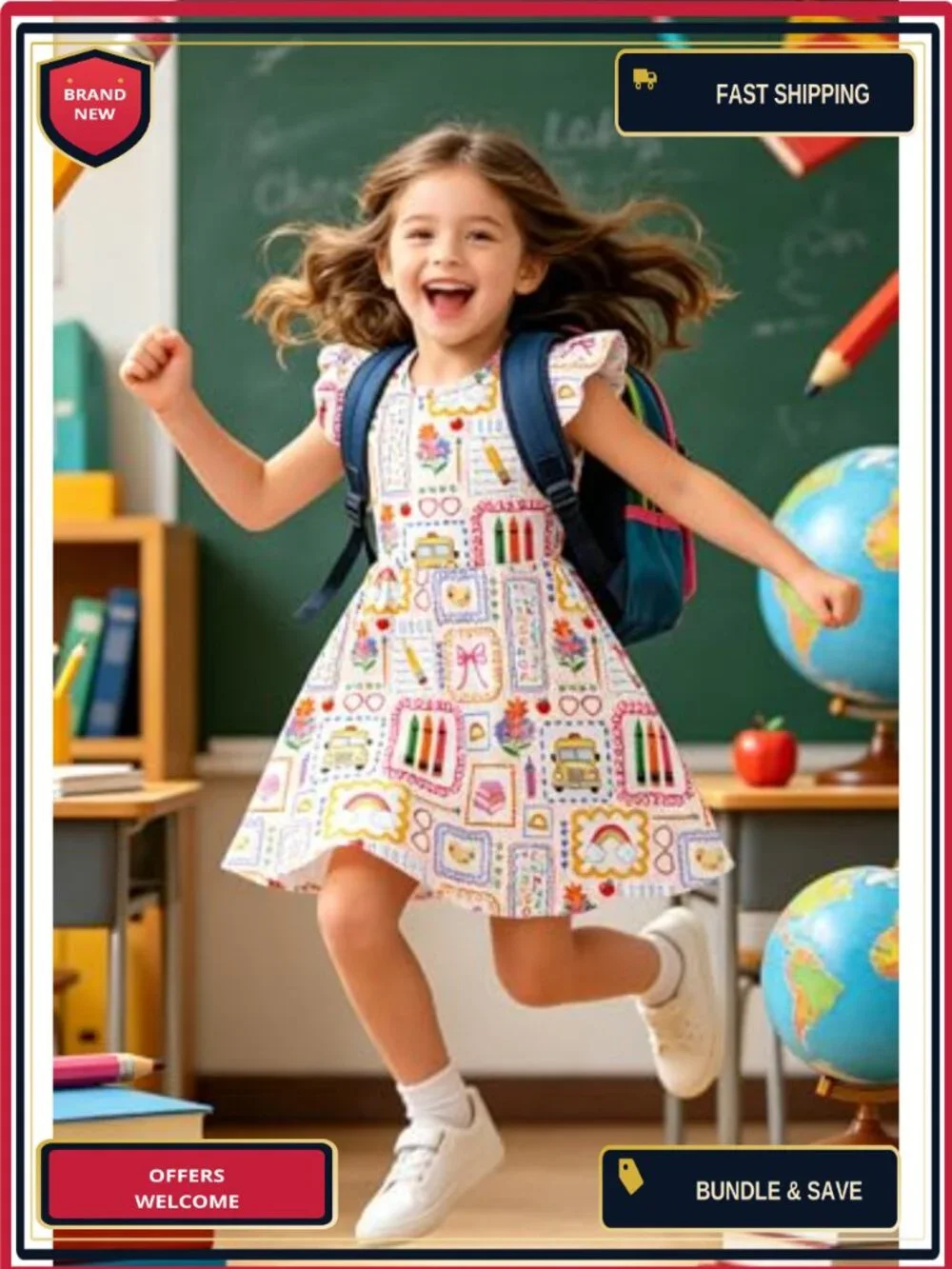 Ruffle Sleeve A-Line Dress for Girls, School Outfit, 95% Polyester 5% Spandex,